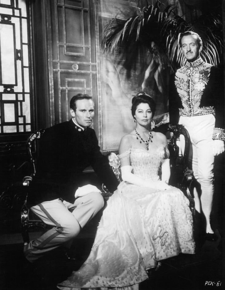 Charlton Heston, Ava Gardner and David Niven in publicity portrait for the film ’55 Days At Peking’, 1963.