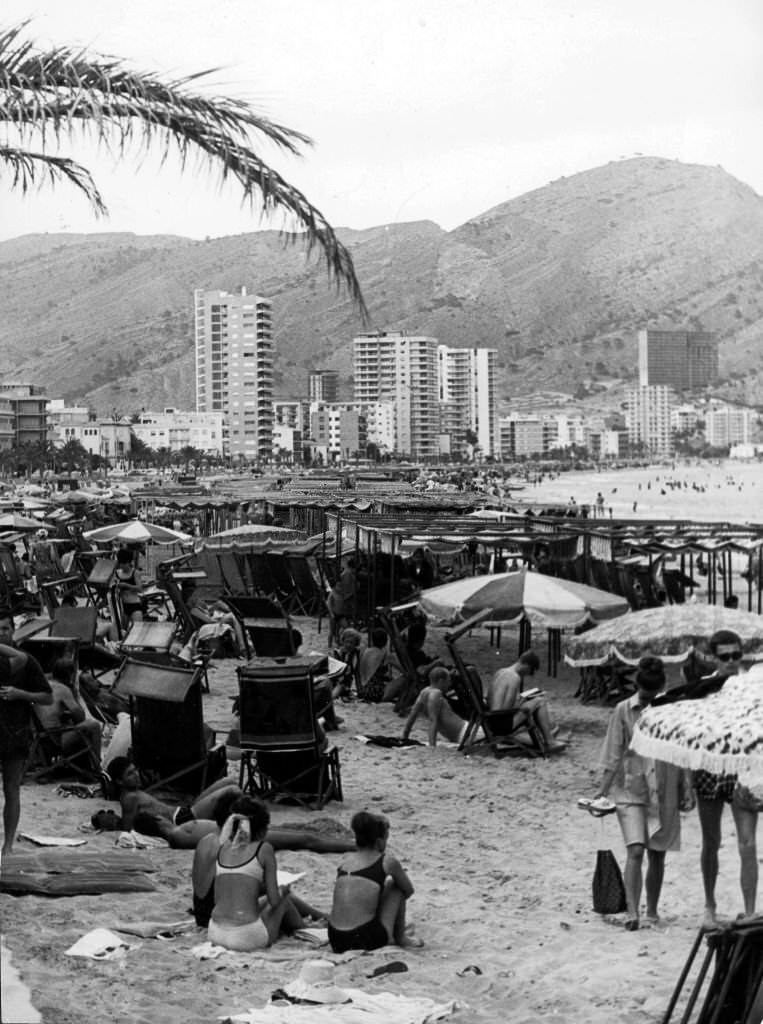 #1 Continental beach scene, with many people sunbathing in Benidorm, Spain, 1960s