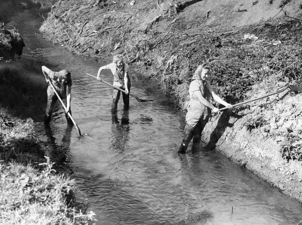 #111 Recruits of the Women’s Land Army prepare for ploughing at Hanley Brook, Upton On Severn, Worcestershire during the Second World War, 11th September 1942.