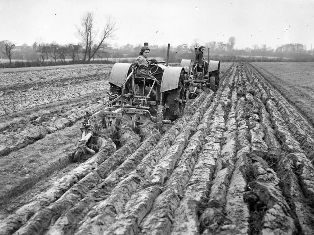 #122 Two young women ploughing a field with a triple (foreground) and a single furrow plough hauled by tractors, 1942