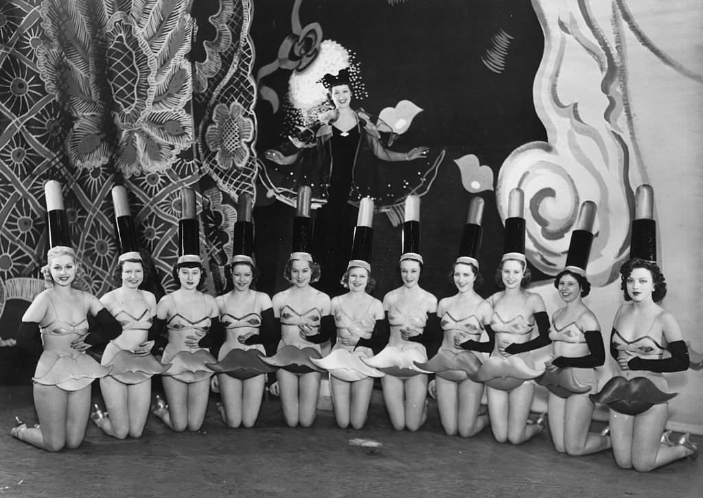 #83 Chorus line from the ‘Folies de Can-Can’ at the Prince of Wales theatre, London, 1938