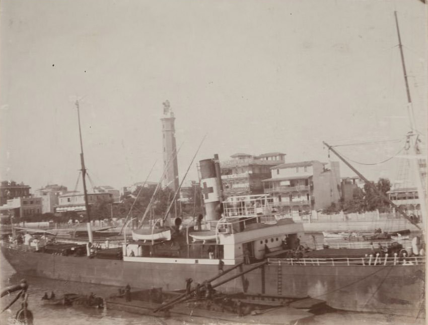 #62 Said View of the harbourside at Port Said and a steamer, 1911
