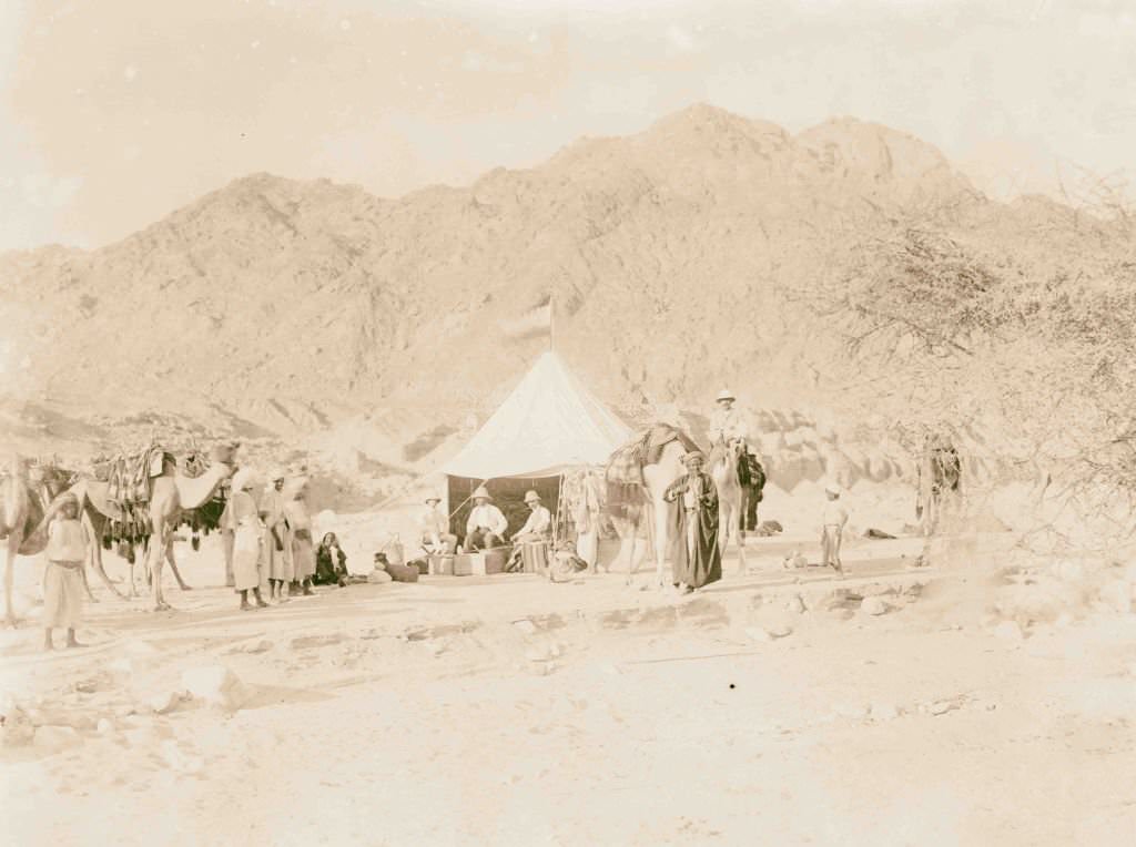 #76 Expedition camp in the Sinai; Lewis Larsson seated at left in front of tent with others, 1910s