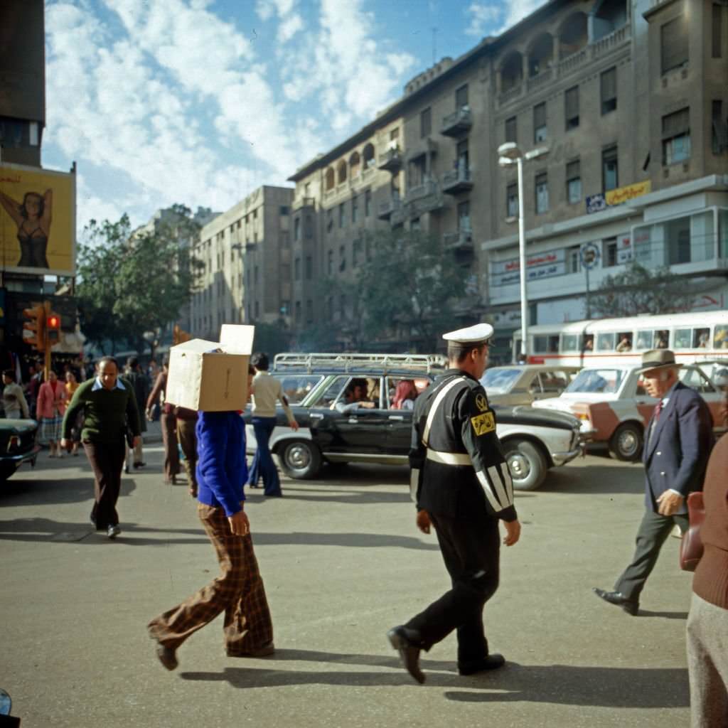 #103 Traffic jam and passers by in the streets of Cairo, Egypt, late 1970s.