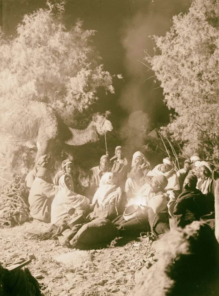 #160 Typical scene around the campfire at night in Sinai, Egypt, 1900.