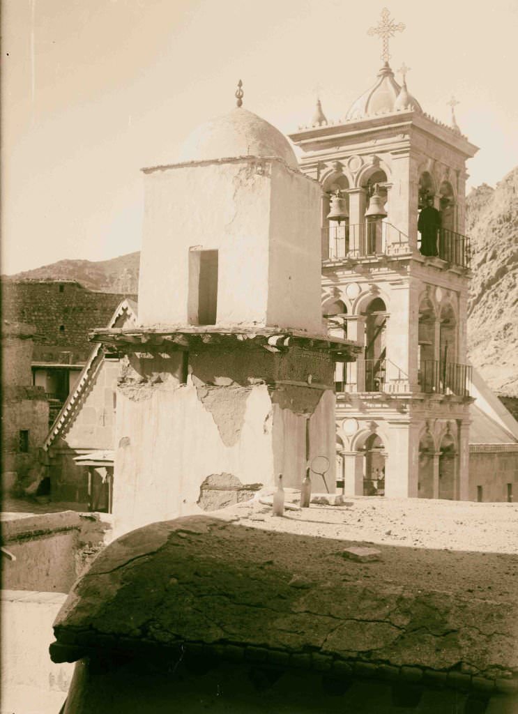 #178 The Crescent and the Cross; belfry and minaret [Monastery of St. Catherine] in Sinai, Egypt, 1900