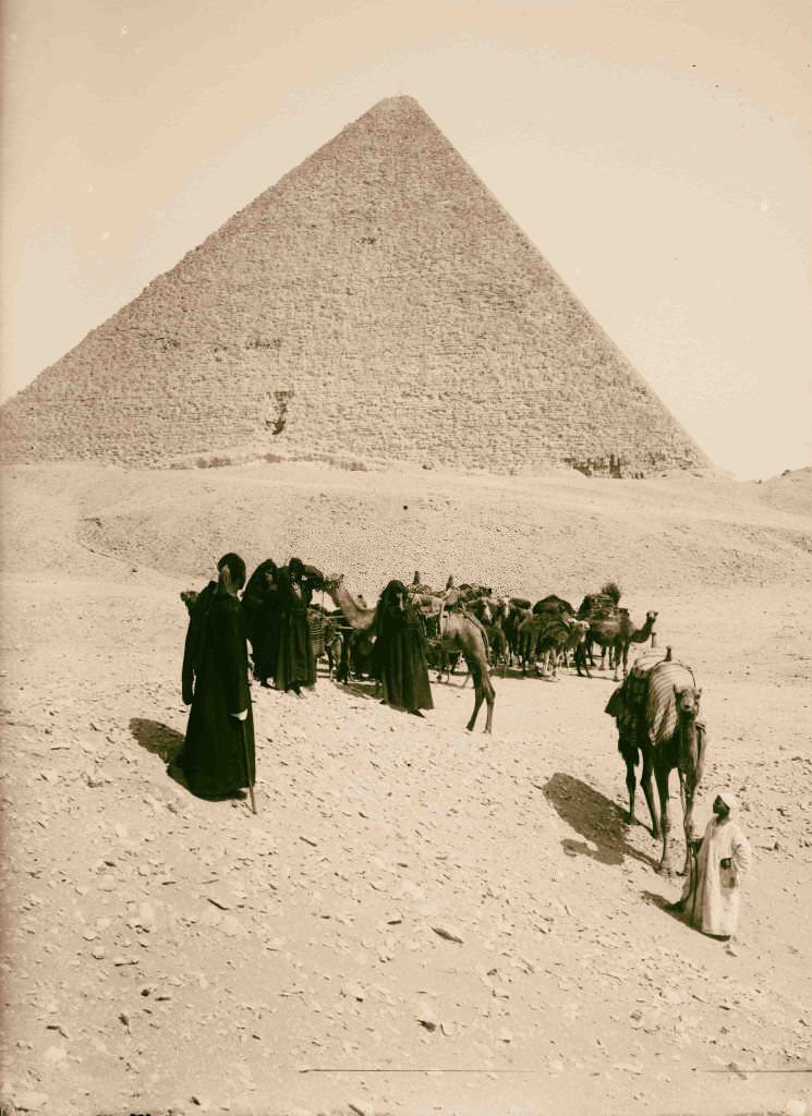 #221 The pyramids of Gizeh. Caravan of Bedouins at the pyramids, 1900