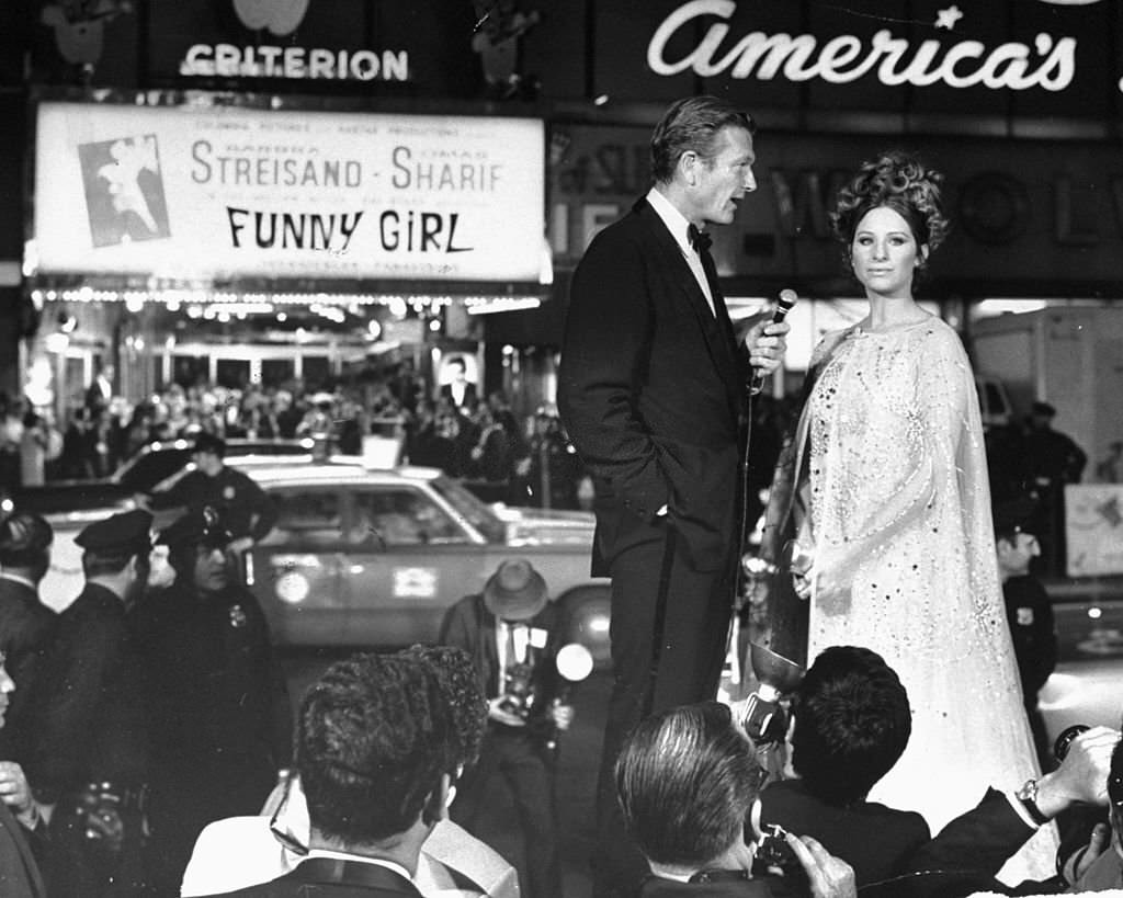 Barbra Streisand is interviewed by New York Mayor John V. Lindsay at the premiere of the movie “Funny Girl.”