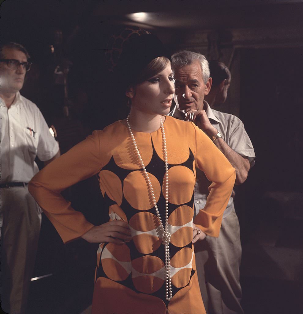 Barbra Streisand on the set of the movie ‘Funny Girl’ with director William Wyler, 1968.