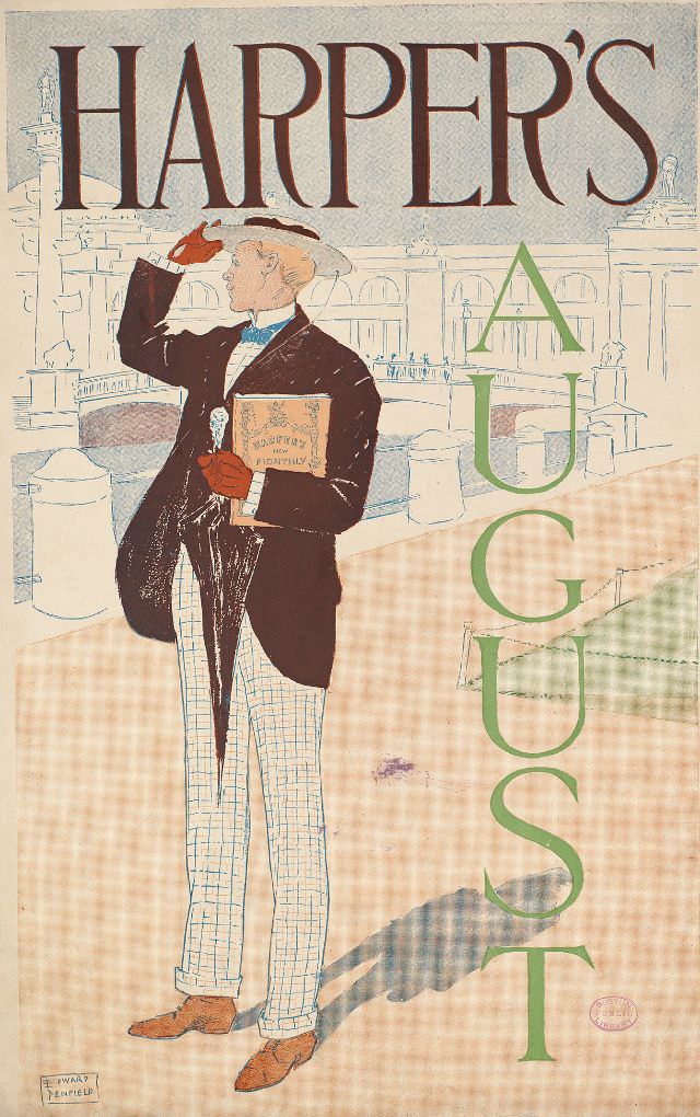 A man holds a magazine and umbrella looks back, Harper’s August, 1893