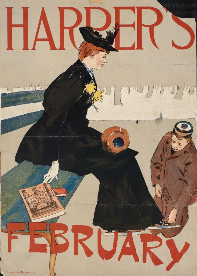 A woman sits on a bench while a man puts ice skates on her shoes, Harper’s February, 1894