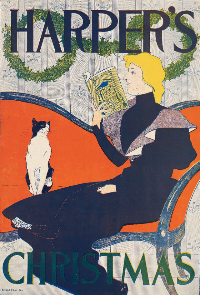A woman sits on a couch reading a magazine next to a cat, Harper’s Christmas, 1894