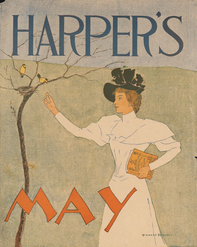 Woman holding a magazine holding a hand out to two birds perched near a nest, Harper’s May, 1894