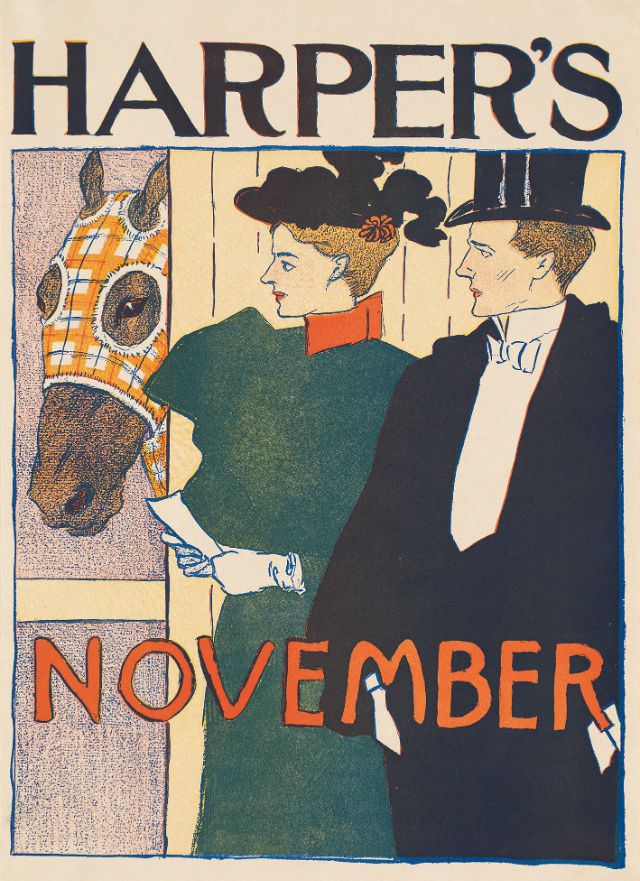 A man and woman look at a horse, Harper’s November, 1895