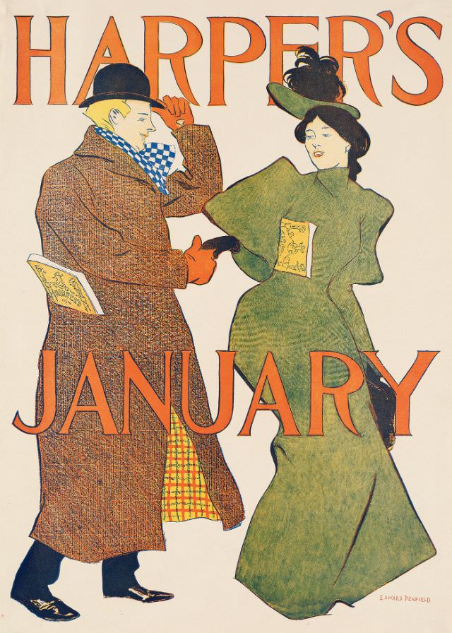 A man holds a woman’s hand, Harper’s January, 1895