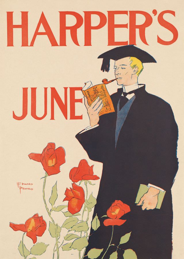 A man wearing cap and gown reads a magazine while smoking a pipe, Harper’s June, 1895