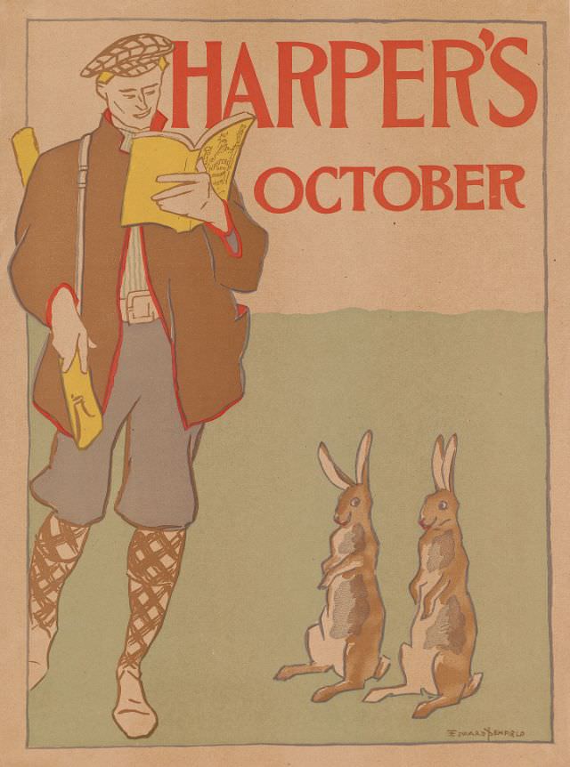 A man wearing sporting gear reads Harper’s New Monthly Magazine, watched by two rabbits, Harper’s October, 1895