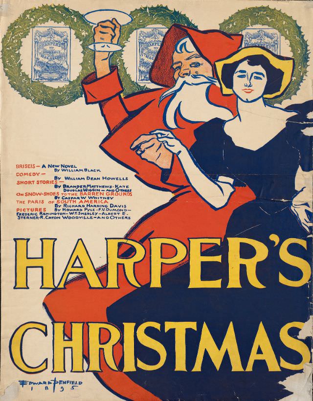 A woman holds Santa Claus’ hand as he lifts a coupe glass, Harper’s Christmas, 1895