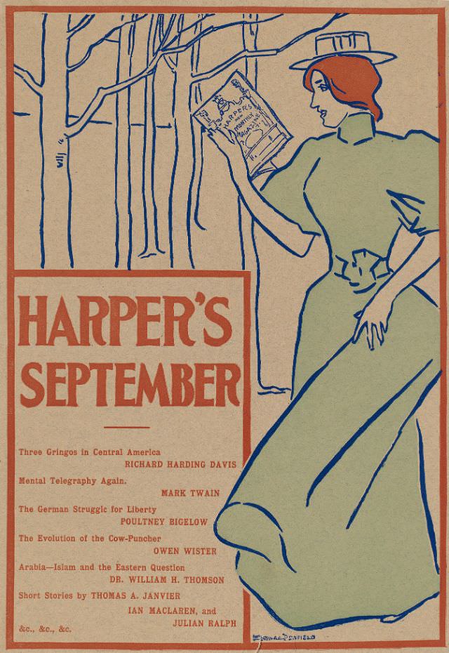 A woman reads Harper’s New Monthly Magazine, Harper’s September, 1895