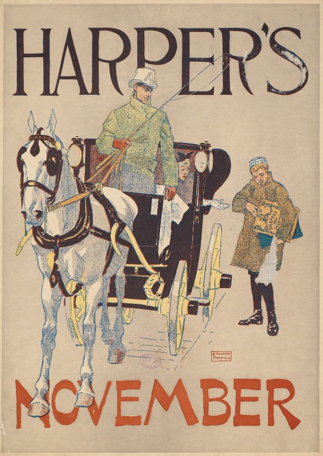 A woman buys a magazine from a boy while sitting inside a horse-drawn carriage being driven by a man, Harper’s November, 1893