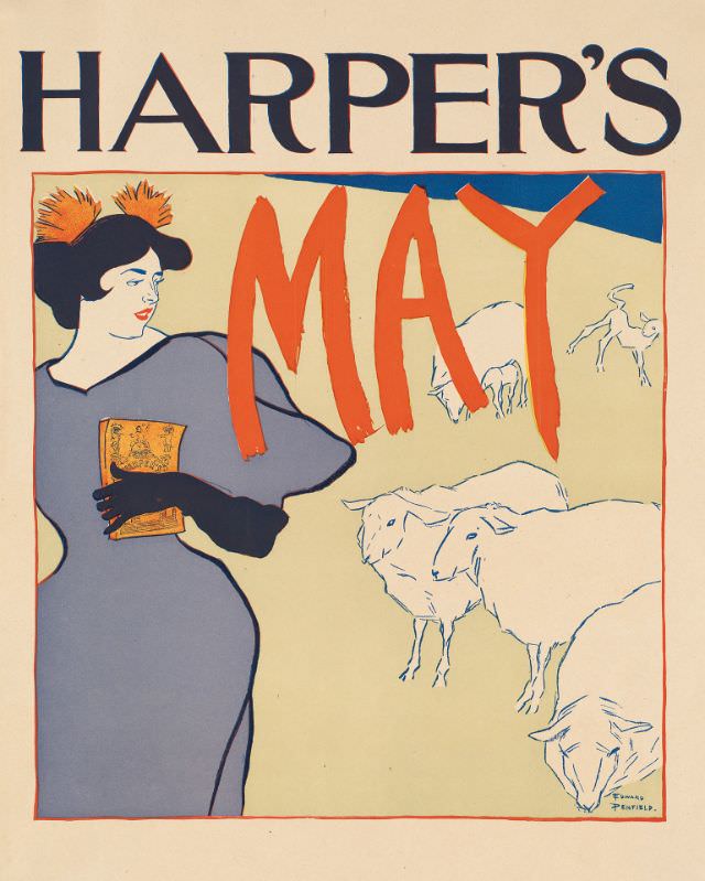 A woman stands holding a magazine, looking behind her to a flock of sheep, Harper’s May, 1895