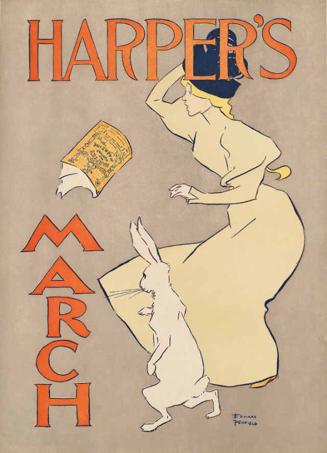 A woman stands next to a rabbit, both looking at a floating magazine, Harper’s March, 1895