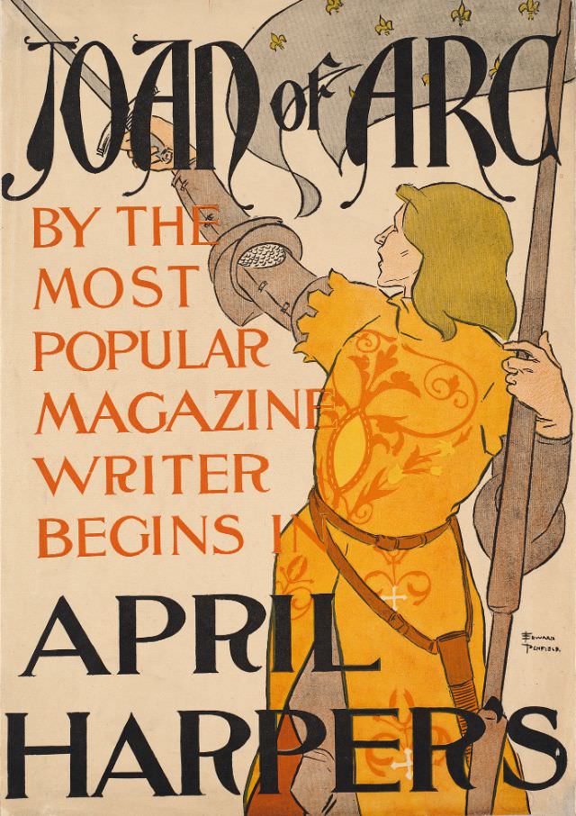 Joan of Arc holds up a sword while holding onto a banner, April Harper’s, 1895