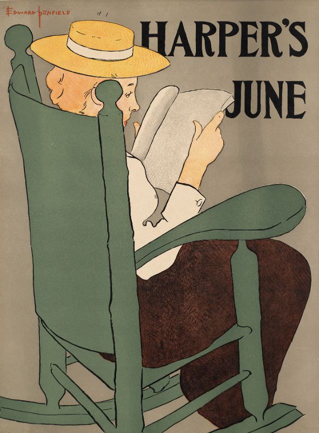 A man sits in a rocking chair reading, Harper’s June, 1896