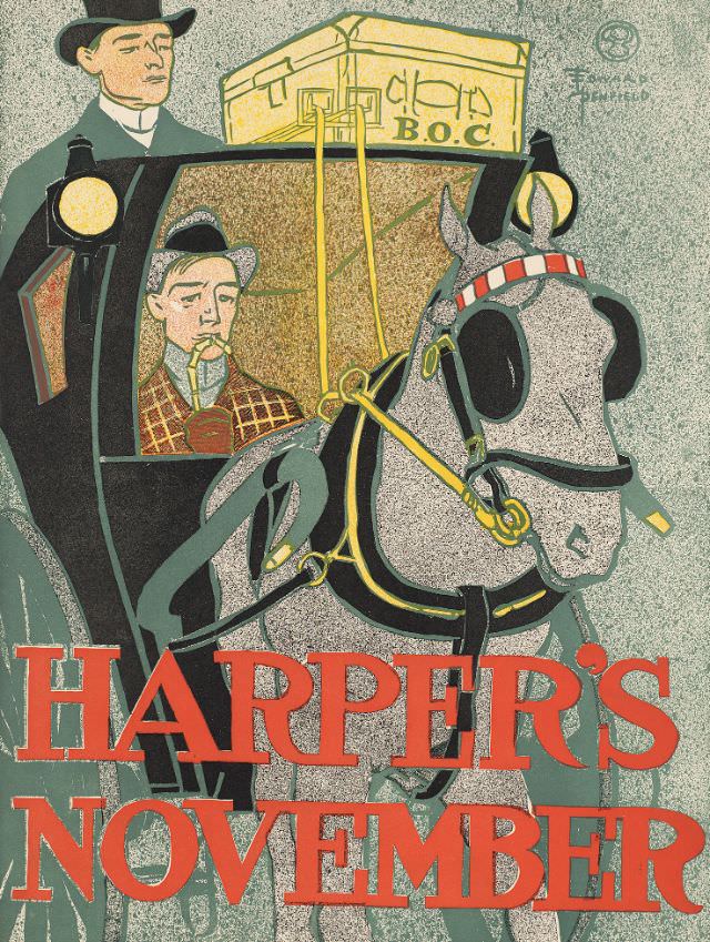 A man sits inside a horse-drawn coach while the driver sits above, Harper’s November, 1896