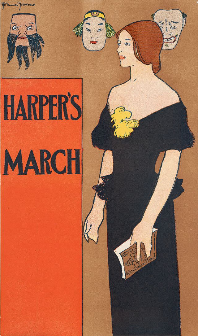 A woman stands holding a magazine with three masks behind her, Harper’s March, 1896