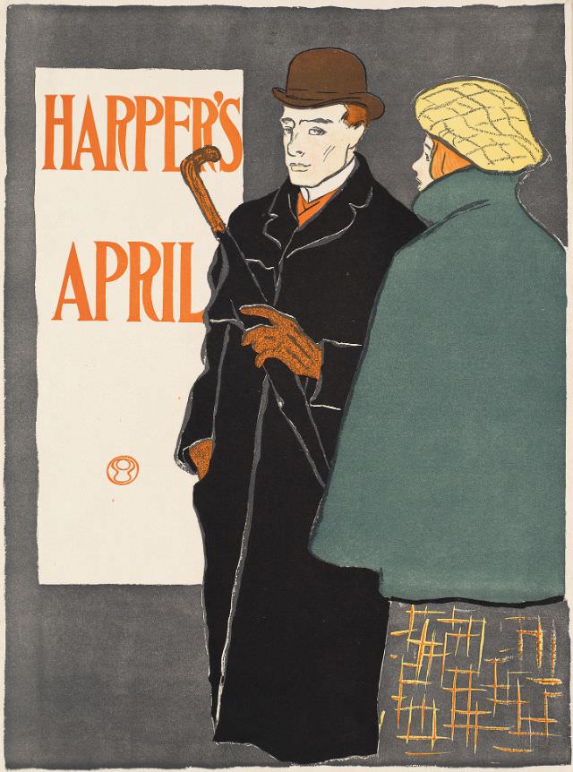 A woman stands next to a man holding an umbrella, Harper’s April, 1896