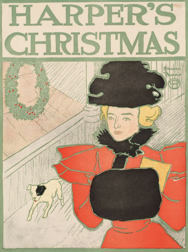 A woman stands with her hands in a muff with a dog behind her, Harper’s Christmas, 1896
