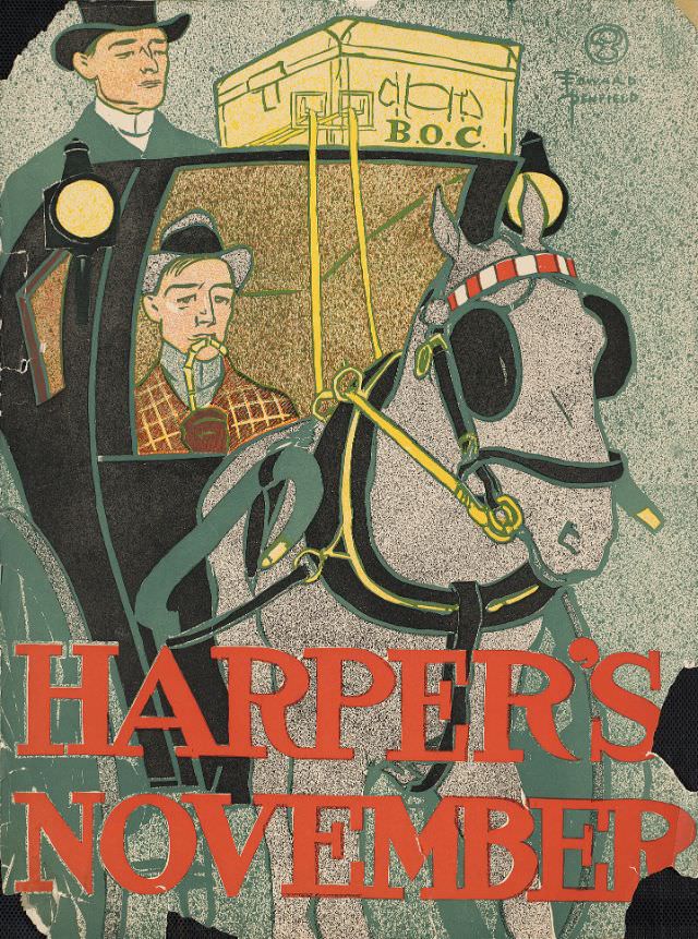Two men riding in a carriage drawn by one horse, Harper’s November, 1896