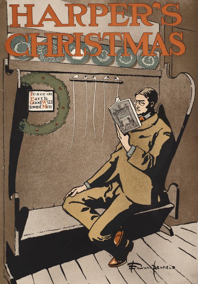 A man sits reading a magazine, Harper’s Christmas, 1897