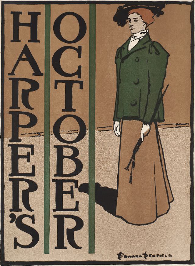 A woman stands holding a crop, Harper’s October, 1897
