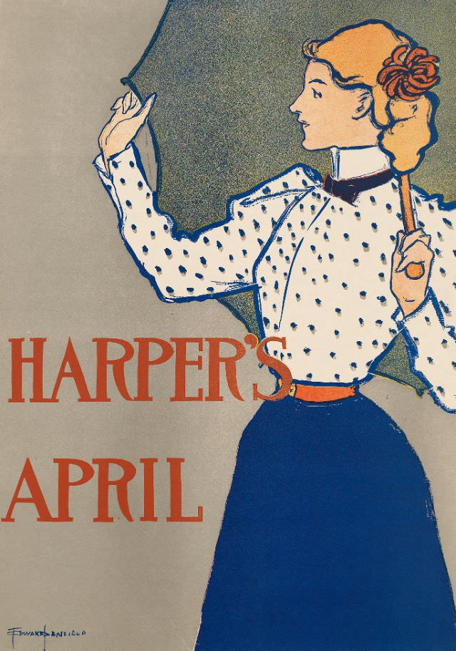 A woman stands holding an umbrella open above her, Harper’s April, 1897