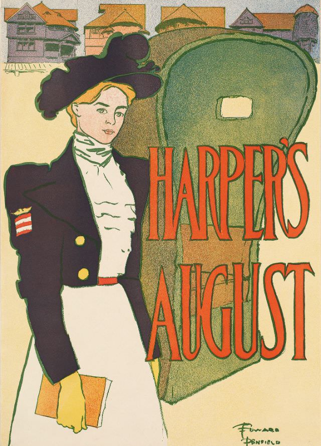 A woman stands in front of a sedan chair, Harper’s August, 1897