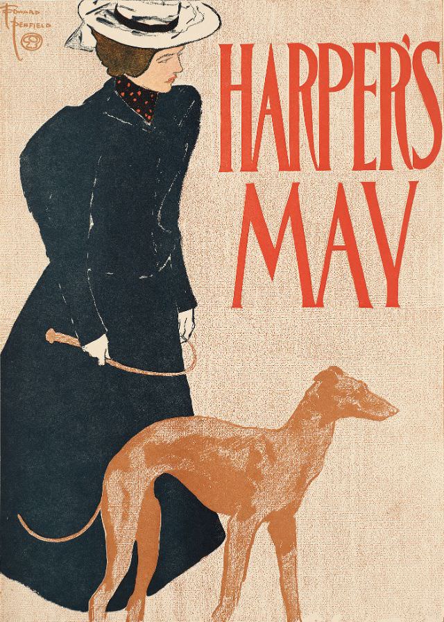 A woman stands with a dog next to her, Harper’s May, 1897