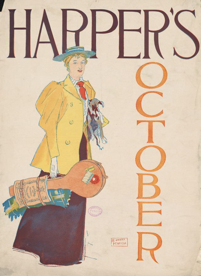 A woman stands holding a dog and packages, Harper’s October, 1893