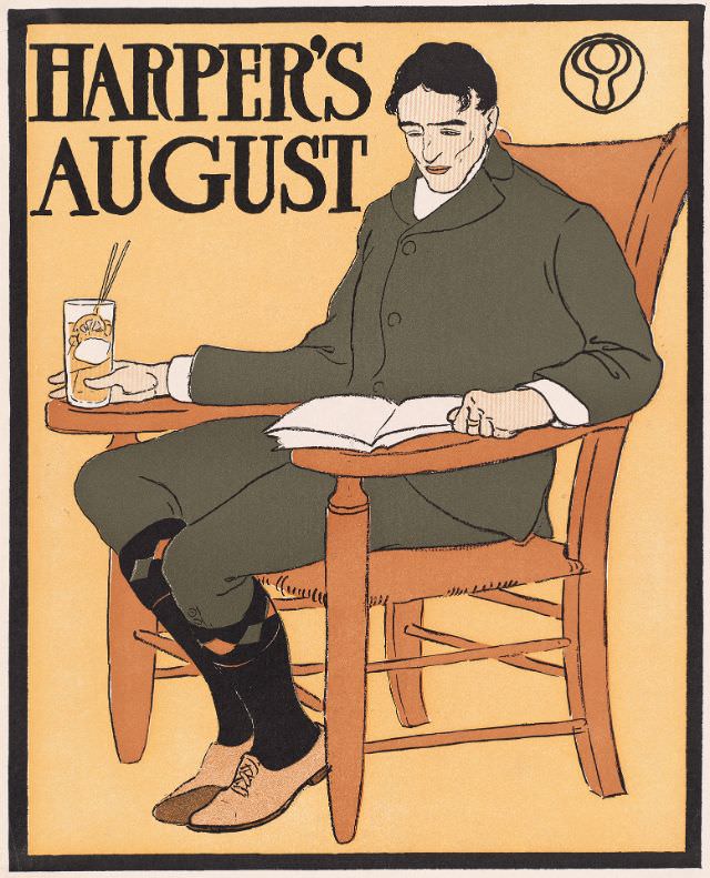 A man sits in a chair, Harper’s August, 1898