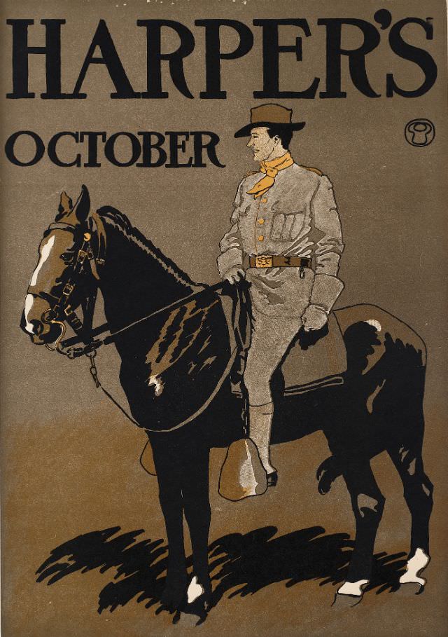 A man stands next to a woman who has her hands in a muff, Harper’s October, 1898