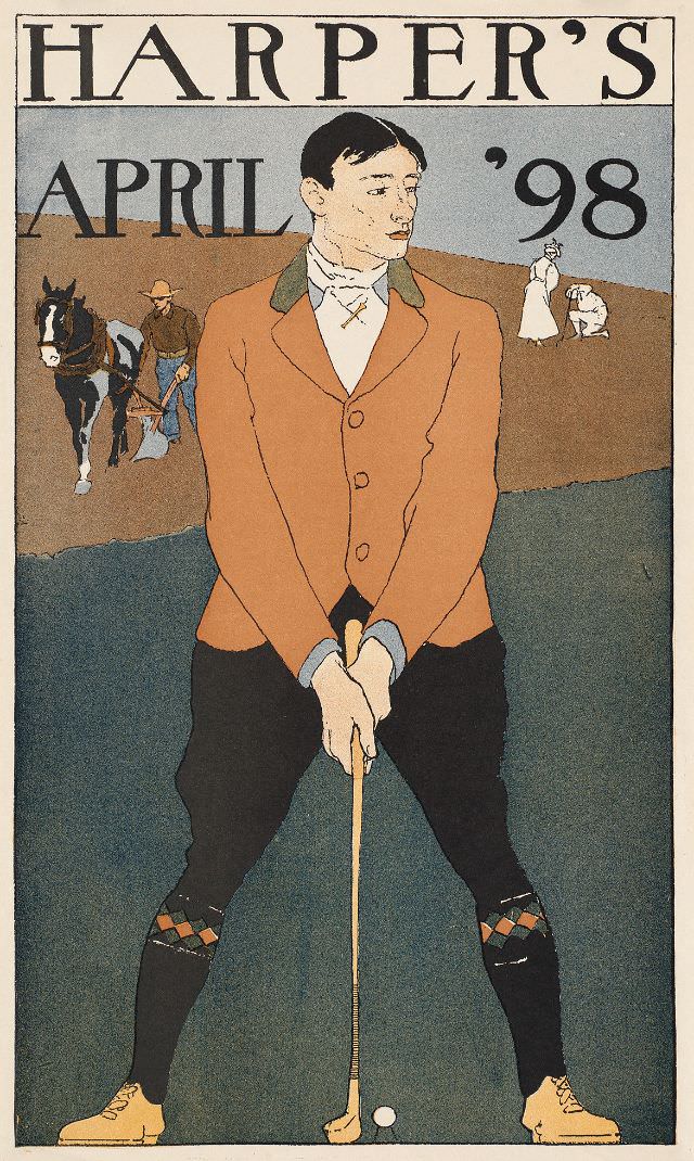 A man stands ready to hit a golf ball, Harper’s April ’98, 1898