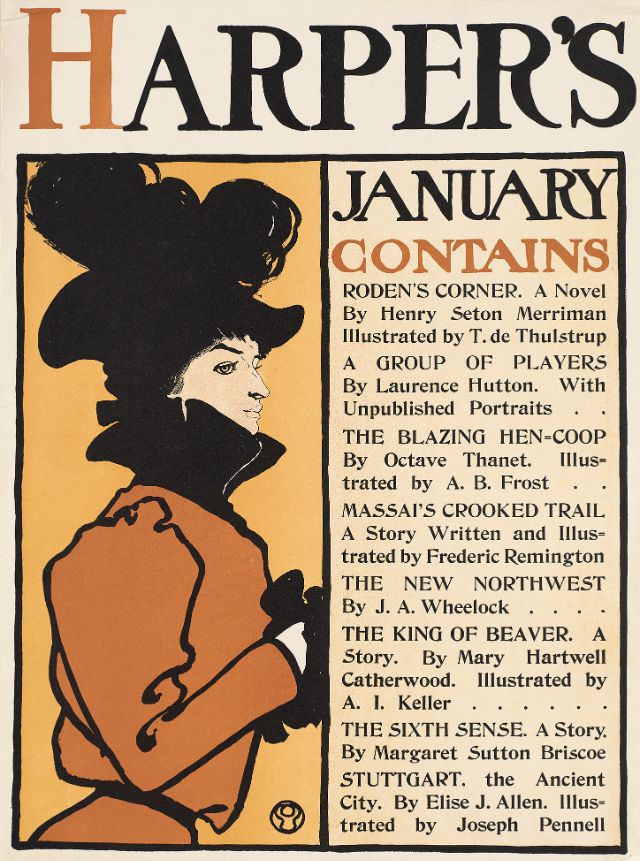 #43 A woman stands clasping her hand, Harper’s January, 1898