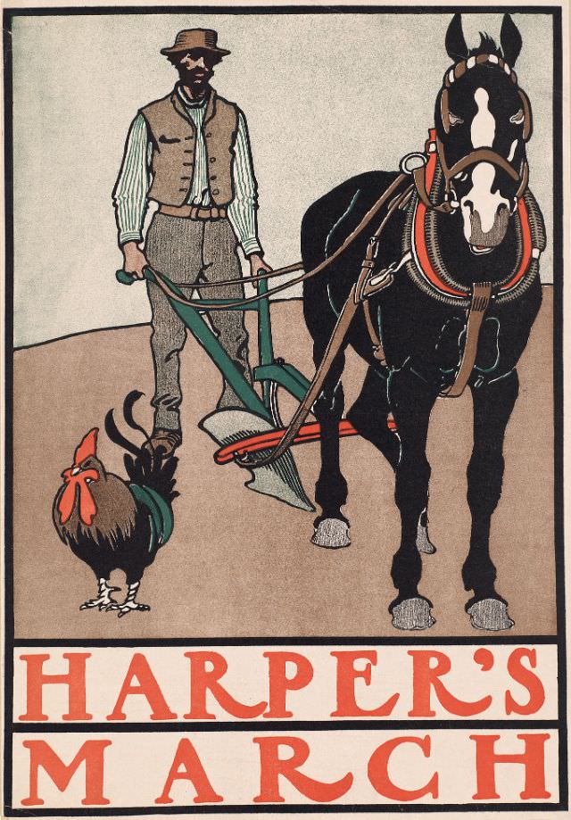 A man holds a plough hooked to a horse, Harper’s March, 1899