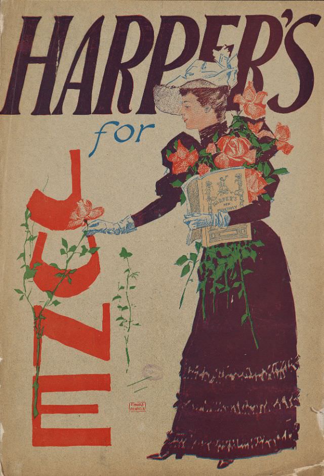 A woman stands holding a magazine and flowers while she picks another flower, Harper’s for June, 1893