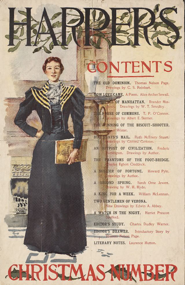 A woman stands holding a magazine, Harper’s Christmas Number, 1893