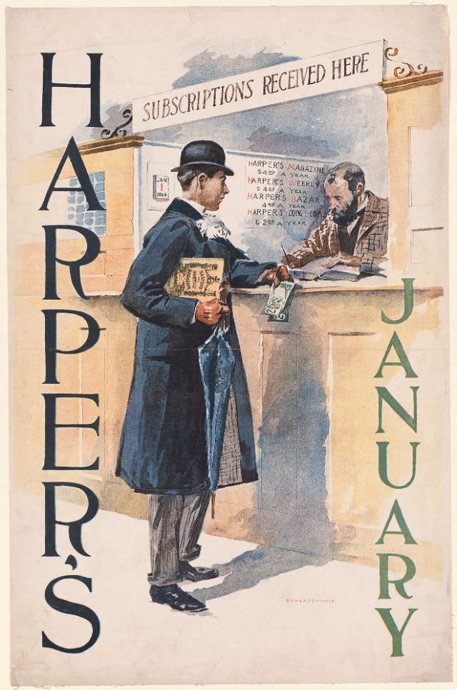 A man purchases a Harper’s New Monthly Magazine subscription, Harper’s January, 1894