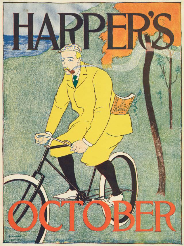 A man rides a bicycle with a magazine in a coat pocket, Harper’s October, 1894