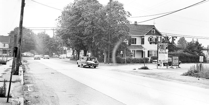 #7 New Bridge Rd. at corner of Duffy Ave. Top- left is Kasten Store. To the right is the John Kasten house, Hicksville, New York, 1966