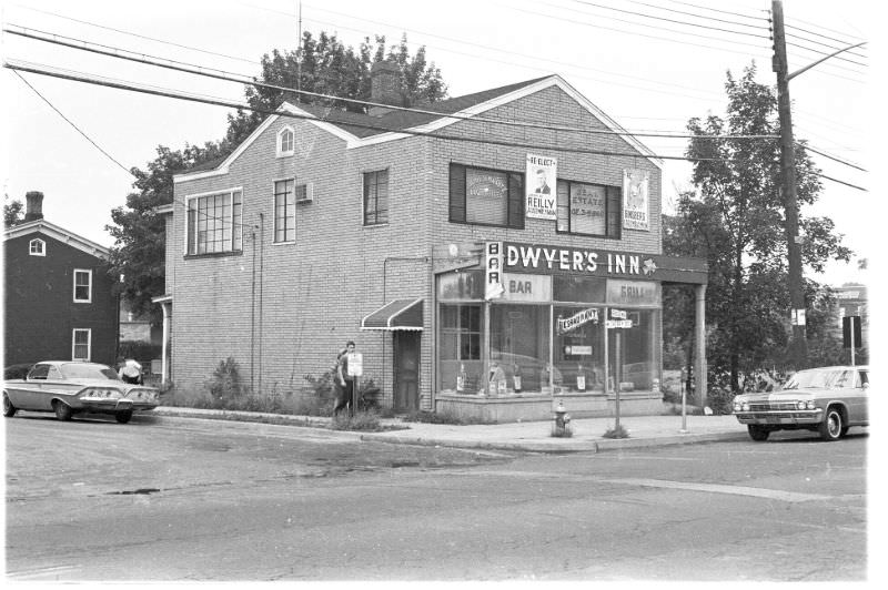 #8 NW corner of Broadway and W Cherry St. Dwyer’s Inn was the Windsor Hotel in 1902, Hicksville, New York, 1966
